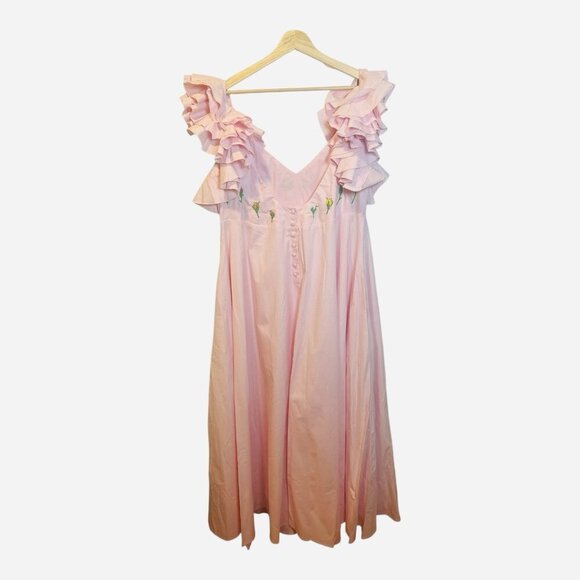 FANM MON Demre Linen Embroidered Maxi Dress Medium Ruffle Sleeve - Picture 3 of 8